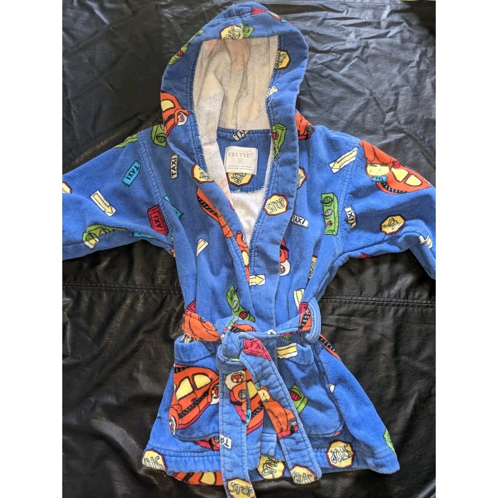 Frette Kids Robe Size Medium Hooded Terry Cloth Cotton Blue Cars Taxis Pockets‎